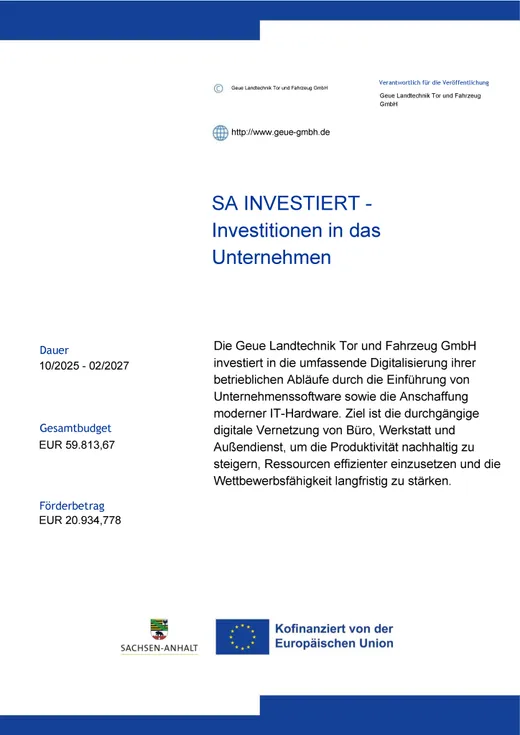 Offizielle Förderinformation „SA INVESTIERT — Investitionen in das Unternehmen“ mit Angaben zu Laufzeit, Gesamtbudget und Förderbetrag sowie den Logos von Sachsen-Anhalt und der Europäischen Union
